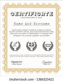 Orange Sample Certificate. With complex linear background. Detailed. Money style design. 