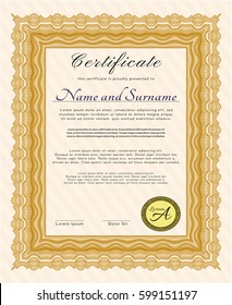 Orange Sample Certificate. With complex linear background. Money design. Detailed. 