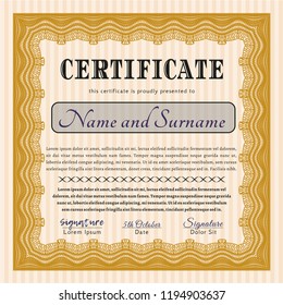 Orange Sample Certificate. Cordial design. Detailed. With great quality guilloche pattern. 