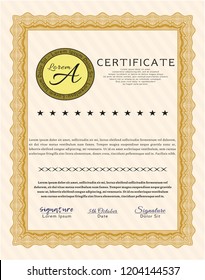Orange Sample Certificate. Cordial design. Vector illustration. With linear background. 