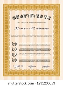 Orange Sample Certificate. Cordial design. Customizable, Easy to edit and change colors. With guilloche pattern. 