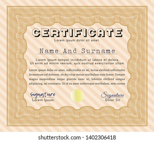 Orange Sample Certificate. Cordial design. Detailed. With complex background. 