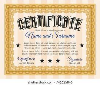 Orange Sample Certificate. Customizable, Easy to edit and change colors. With complex linear background. Artistry design. 