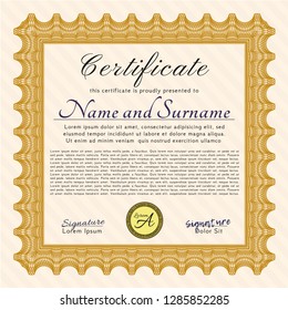 Orange Sample Certificate. Detailed. With complex background. Money design. 