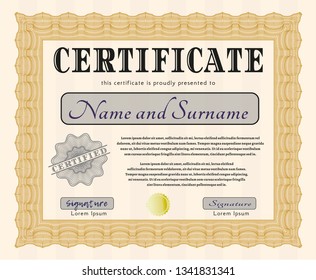 Orange Sample Certificate. Detailed. With complex background. Nice design. 