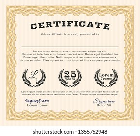 Orange Sample Certificate. Detailed. Complex background. Lovely design. 