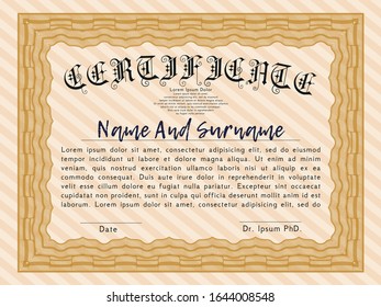 Orange Sample Certificate. Detailed. Complex background. Lovely design. 