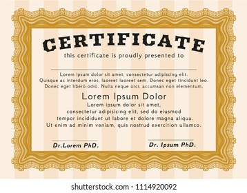 Orange Sample Certificate. Detailed. With great quality guilloche pattern. Money design. 