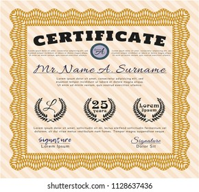 Orange Sample Certificate. Detailed. With guilloche pattern. Money Pattern. 