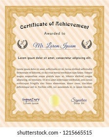 Orange Sample Certificate. Detailed. With guilloche pattern and background. Modern design. 