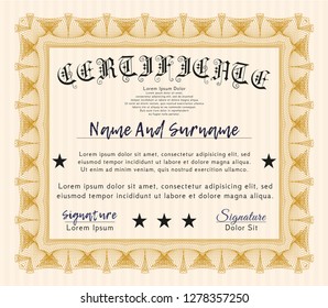 Orange Sample Certificate. Detailed. With linear background. Sophisticated design. 