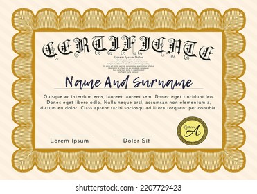 Certificado o diploma de muestra naranja.  Diseño artístico.    