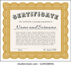 Orange Sample certificate or diploma. With background. Money Pattern design. Detailed. 