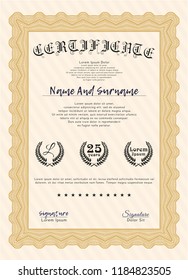 Orange Sample certificate or diploma. With background. Modern design. Detailed. 
