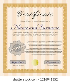 Orange Sample certificate or diploma. Beauty design. With complex background. Customizable, Easy to edit and change colors. 