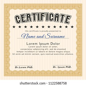 Orange Sample certificate or diploma. Complex background. Detailed. Excellent design. 