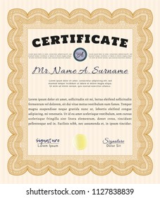 Orange Sample certificate or diploma. Complex background. Artistry design. Customizable, Easy to edit and change colors. 