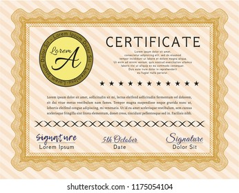 Orange Sample certificate or diploma. Complex background. Cordial design. Customizable, Easy to edit and change colors. 