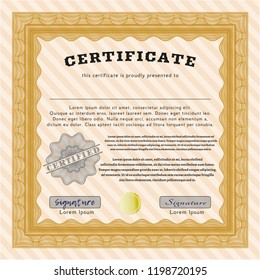 Orange Sample certificate or diploma. With complex linear background. Money Pattern design. Detailed. 