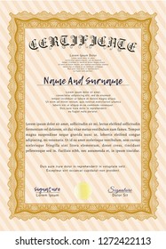 Orange Sample certificate or diploma. With complex background. Artistry design. Detailed. 