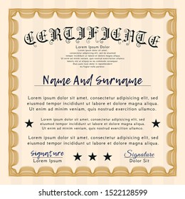 Orange Sample certificate or diploma. With complex background. Excellent design. Vector illustration. 