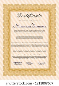 Orange Sample certificate or diploma. Cordial design. Customizable, Easy to edit and change colors. Complex background. 