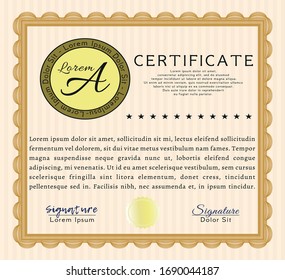 Orange Sample certificate or diploma. Cordial design. Detailed. With quality background. 