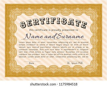 Orange Sample certificate or diploma. Customizable, Easy to edit and change colors. Complex background. Money Pattern. 
