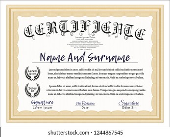 Orange Sample certificate or diploma. Customizable, Easy to edit and change colors. With guilloche pattern. Nice design. 