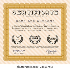 Orange Sample certificate or diploma. Customizable, Easy to edit and change colors. With guilloche pattern and background. Artistry design. 