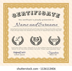 Orange Sample certificate or diploma. Detailed. Easy to print. Modern design. 