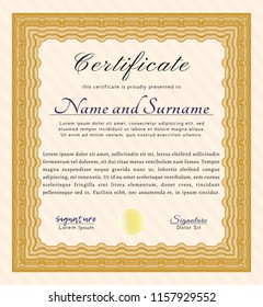 Orange Sample certificate or diploma. Detailed. Complex background. Money style design. 