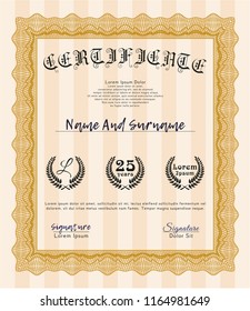 Orange Sample certificate or diploma. Detailed. Easy to print. Lovely design. 