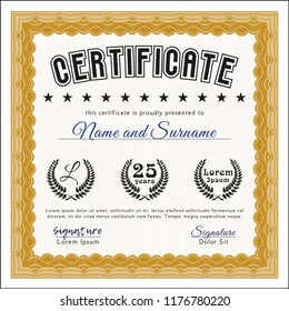 Orange Sample certificate or diploma. Detailed. With complex linear background. Excellent design. 