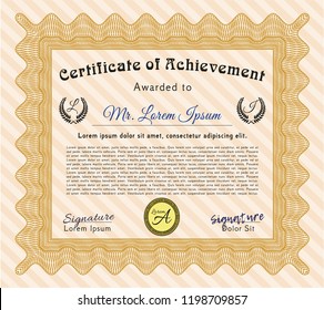 Orange Sample certificate or diploma. Detailed. With great quality guilloche pattern. Cordial design. 