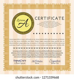 Orange Sample certificate or diploma. Detailed. With complex background. Good design. 