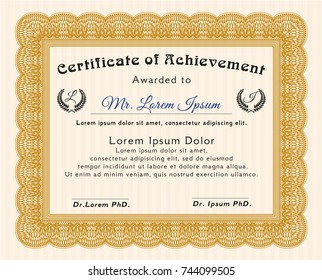 Orange Sample certificate or diploma. Detailed. With complex linear background. Perfect design. 