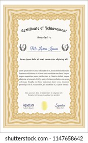 Orange Sample certificate or diploma. Easy to print. Artistry design. Vector illustration. 