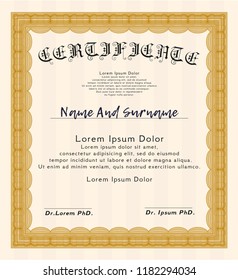 Orange Sample certificate or diploma. Easy to print. Vector illustration. Artistry design. 