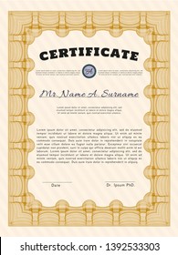 Orange Sample certificate or diploma. Easy to print. Detailed. Money Pattern. 