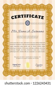 Orange Sample certificate or diploma. Elegant design. Detailed. With great quality guilloche pattern. 