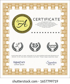 Orange Sample certificate or diploma. Elegant design. With guilloche pattern. Customizable, Easy to edit and change colors. 