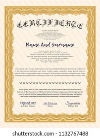 Orange Sample certificate or diploma. Excellent design. Customizable, Easy to edit and change colors. Easy to print. 