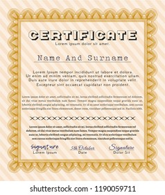 Orange Sample certificate or diploma. Excellent design. With complex background. Detailed. 