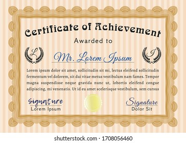 Orange Sample certificate or diploma.  Excellent design.  With background.  Detailed. 