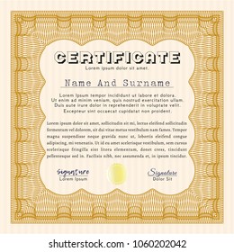 Orange Sample certificate or diploma. With great quality guilloche pattern. Good design. Detailed. 