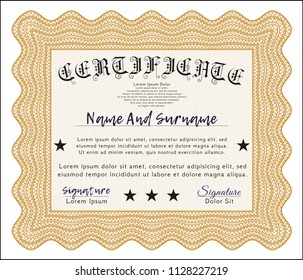 Orange Sample certificate or diploma. With great quality guilloche pattern. Detailed. Lovely design. 