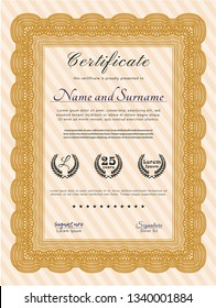 Orange Sample certificate or diploma. With great quality guilloche pattern. Retro design. Vector illustration. 