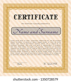 Orange Sample certificate or diploma. With great quality guilloche pattern. Vector illustration. Excellent design. 