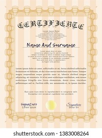 Orange Sample certificate or diploma. With great quality guilloche pattern. Sophisticated design. Vector illustration. 